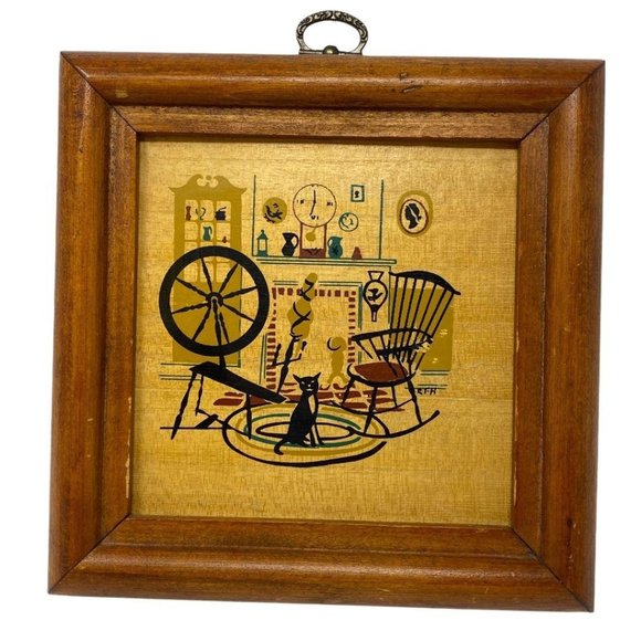 Vintage Other - Vtg Wooden Frame with Scene Cat RockingChair Weavi